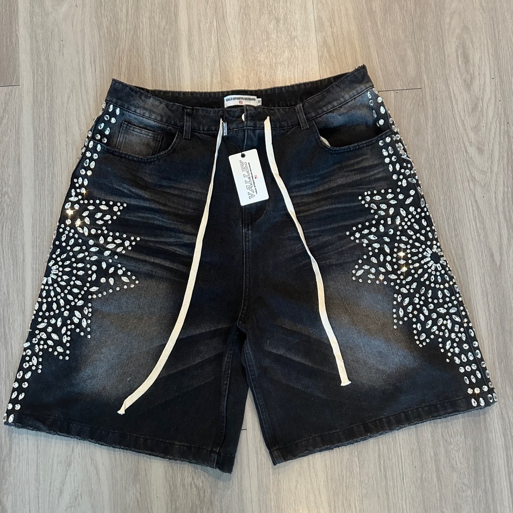 Men's Black Jean Shorts with White Studded Design